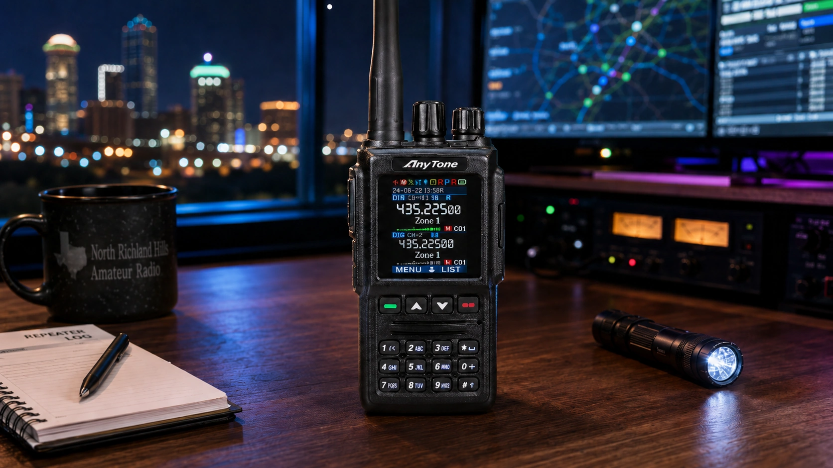 AnyTone AT-D168UV handheld radio on a walnut desk