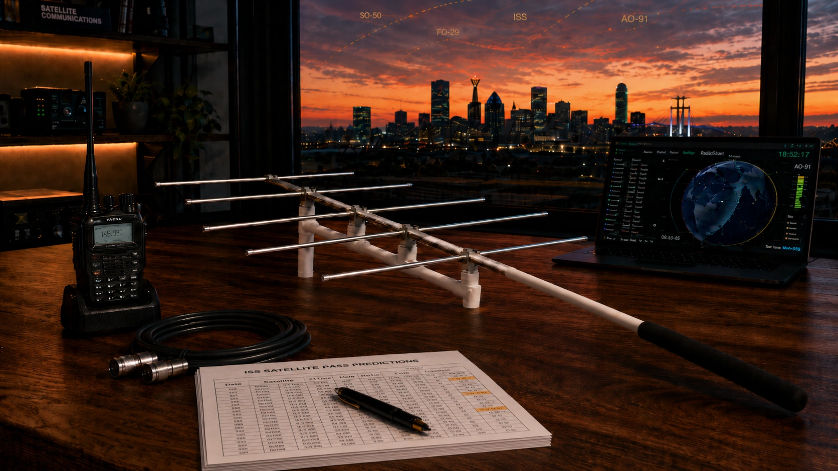 Elk Antennas 2M and 70cm handheld directional antenna on a walnut desk