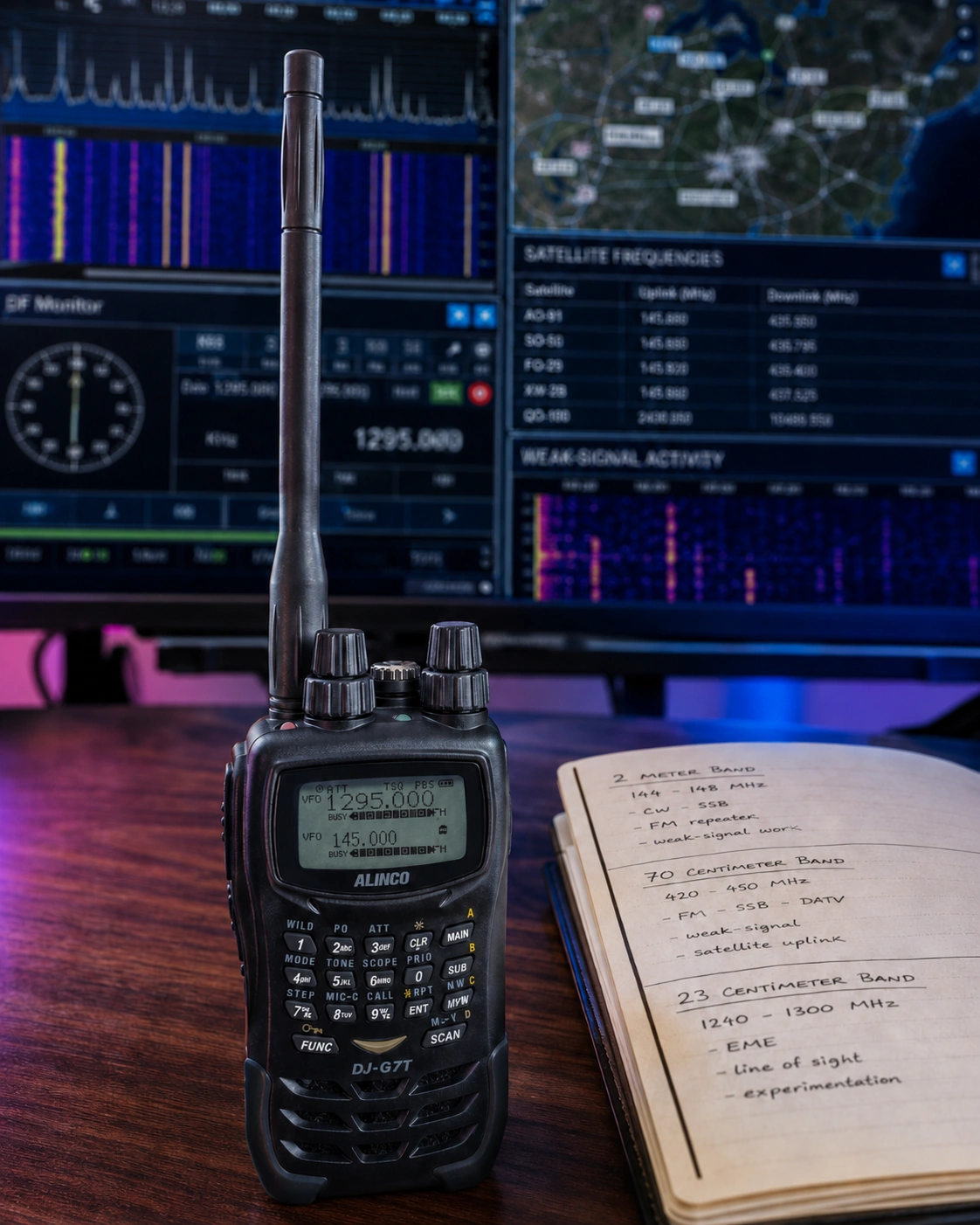 Alinco DJ-G7T tri-band handheld radio on a walnut desk