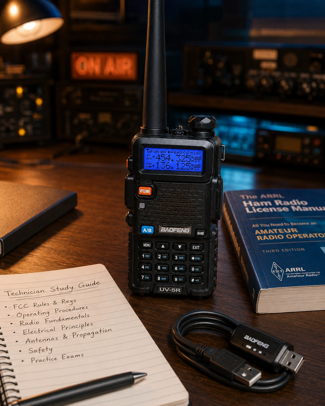 Baofeng UV-5R handheld radio on a walnut desk