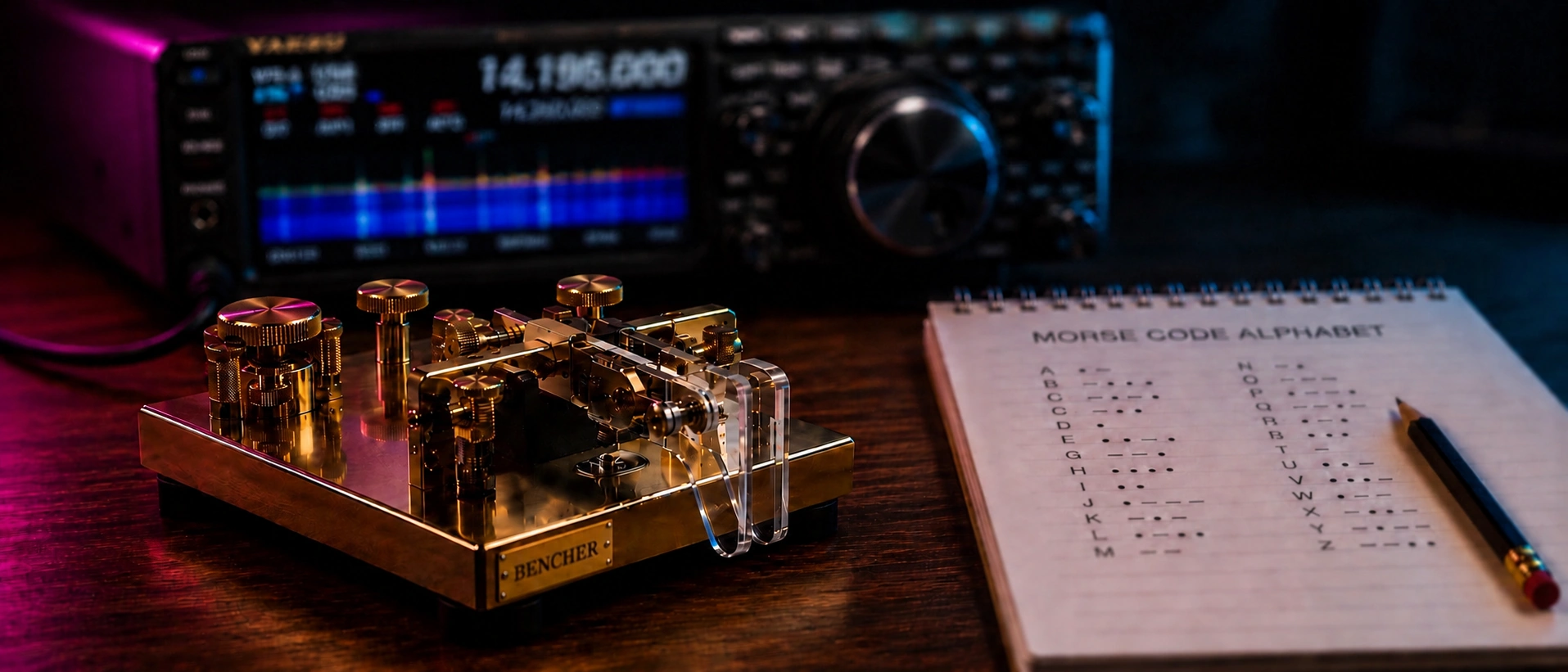 Cyberpunk Morse code key and glowing CW practice display