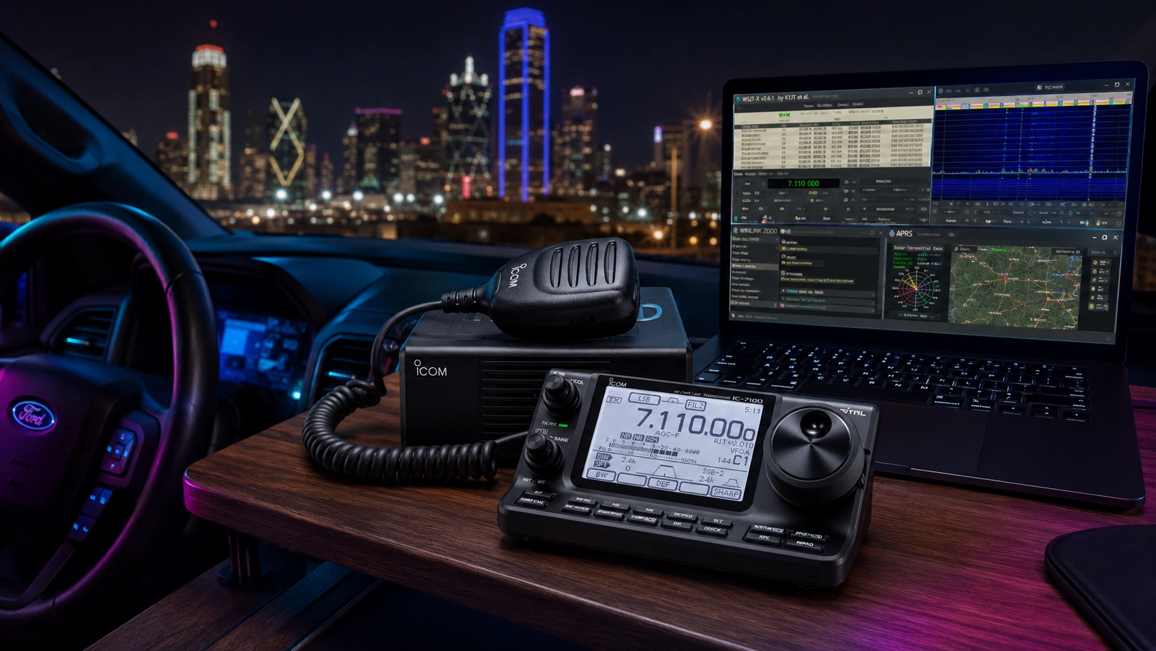 Icom IC-7100 mobile HF radio station inside a Ford Explorer overlooking Fort Worth