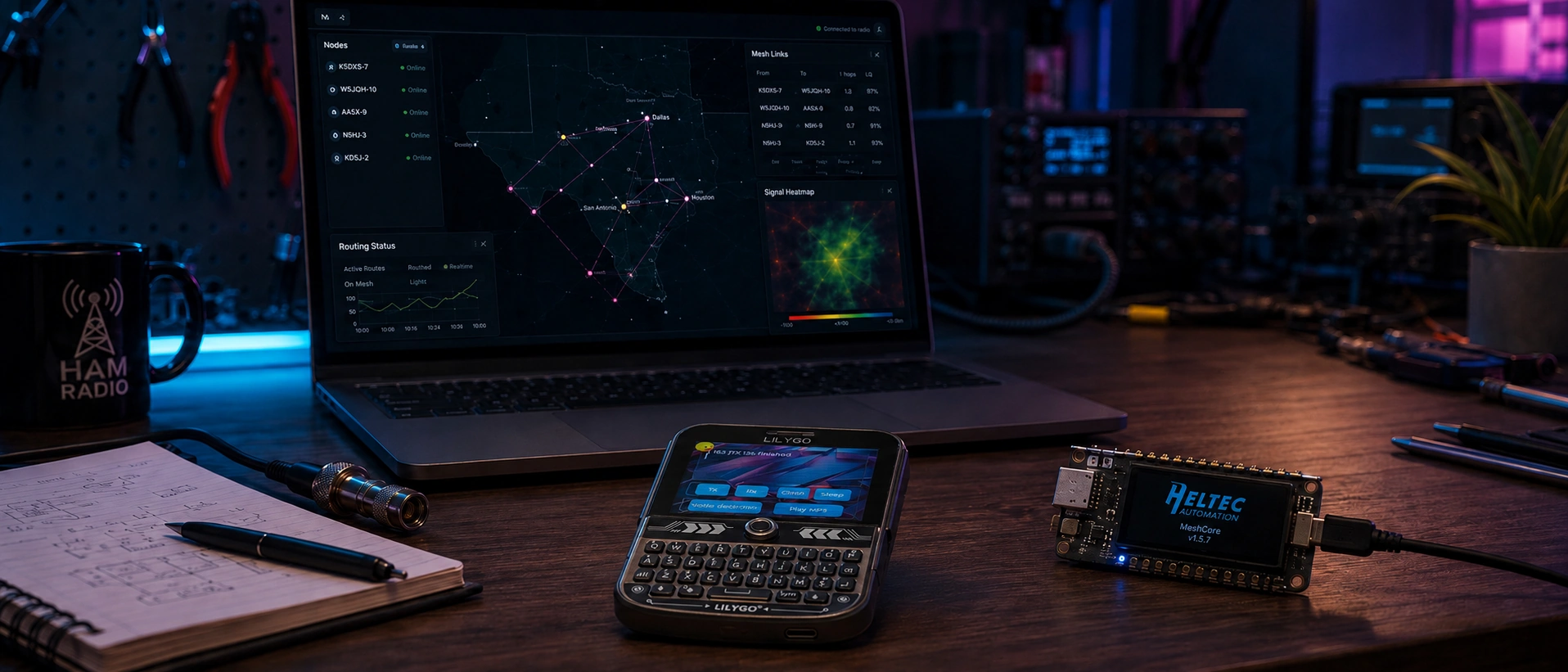 Meshtastic and MeshCore radio nodes on a cyberpunk engineering desk