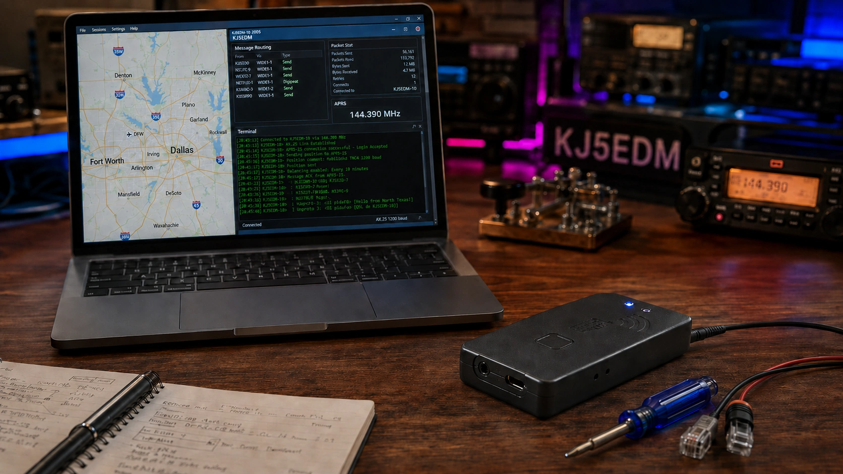 Mobilinkd TNC4 packet radio interface on a walnut engineering workbench