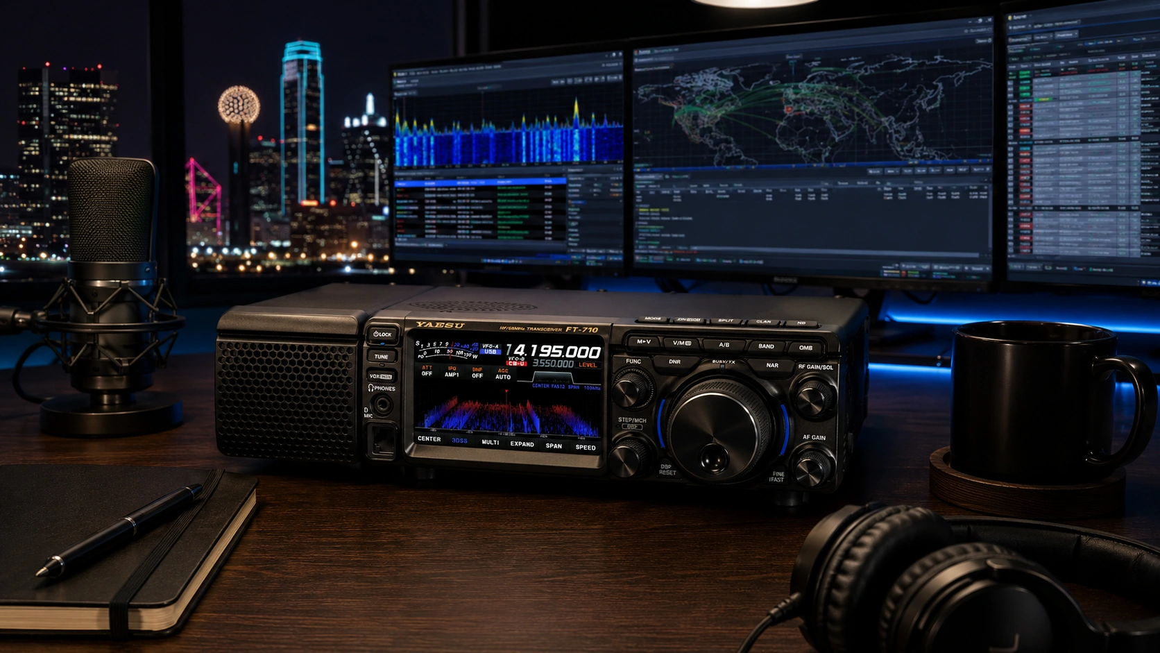 Yaesu FT-710 AESS on a premium walnut amateur radio desk overlooking Fort Worth at night