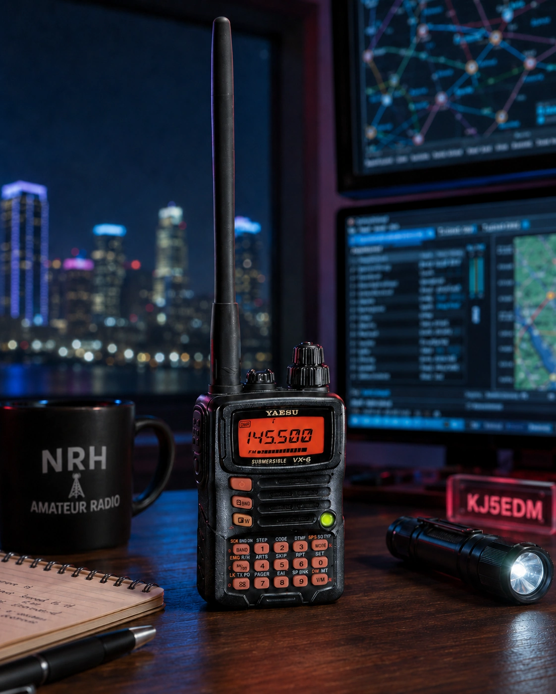 Yaesu VX-6R handheld radio on a walnut desk